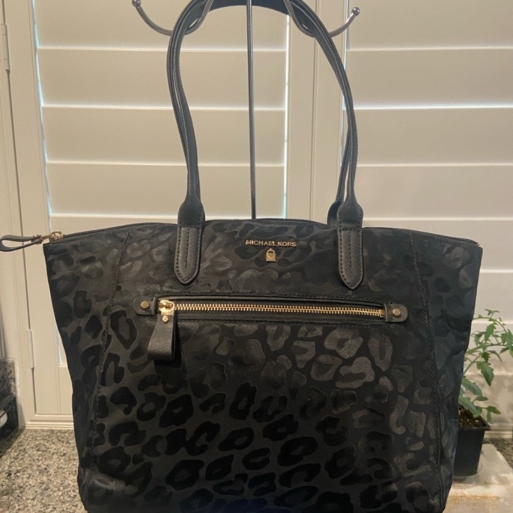 Michael Kors Black Leopard-Print Tote with Gold Hardware